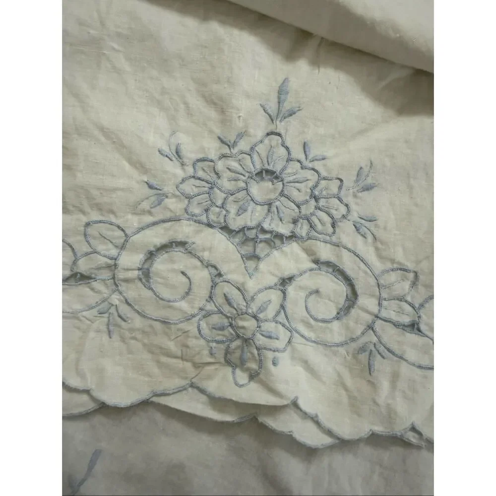 2 Vintage Queen Size Pillowcases Blue Embroidered Scalloped Edge